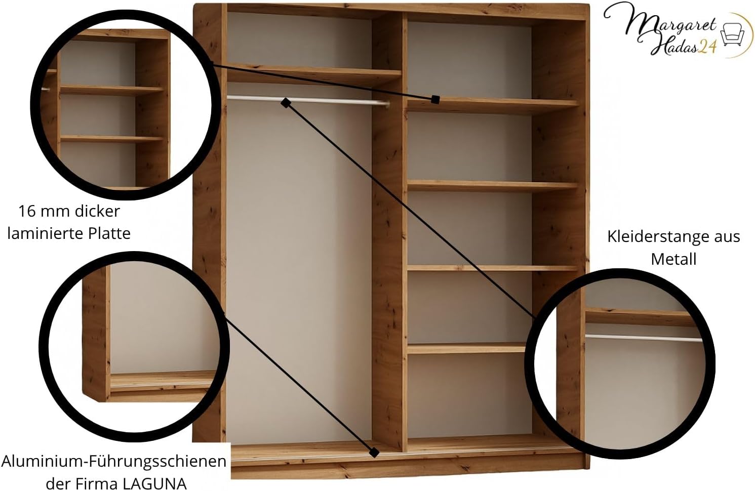 Margaret Hadas24 Kleiderschrank Dora mit Lamellen und Spiegel, Organizer, Mehrzweckschrank, Schwebetürenschrank, Garderobenschrank, Kleiderstange, Kleiderständer, Schrank, 100 cm weiß, braun
