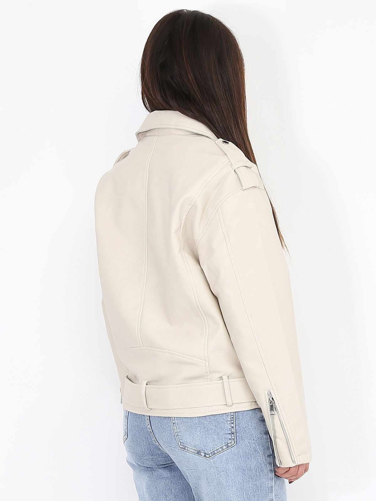 Blouson motard oversize en simili- Beige