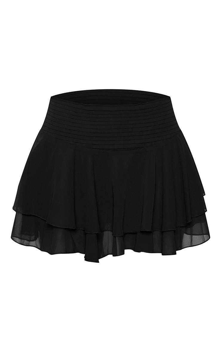 Noir Mini-jupe Plissée À Volants En Mousseline Ensemble Coordonné