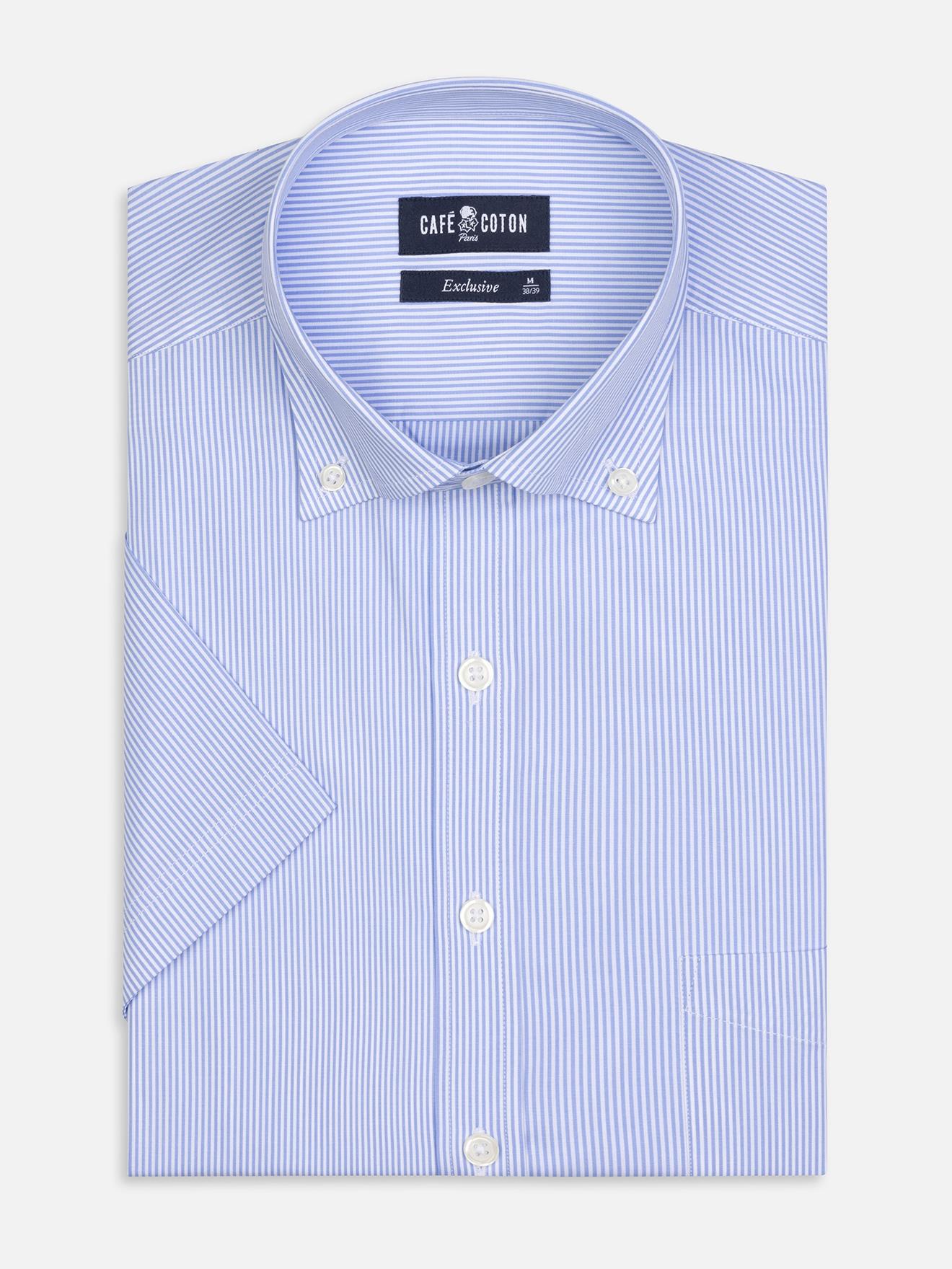Chemise manches courtes Menthon à rayures ciel - Col Boutonné