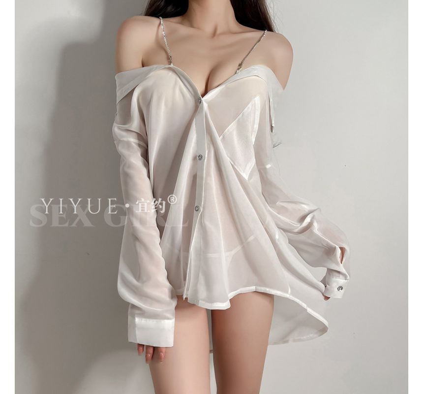 Candyiry - Set: Effen doorschijnende lingerie-shirtjurk + string + bandje met strass