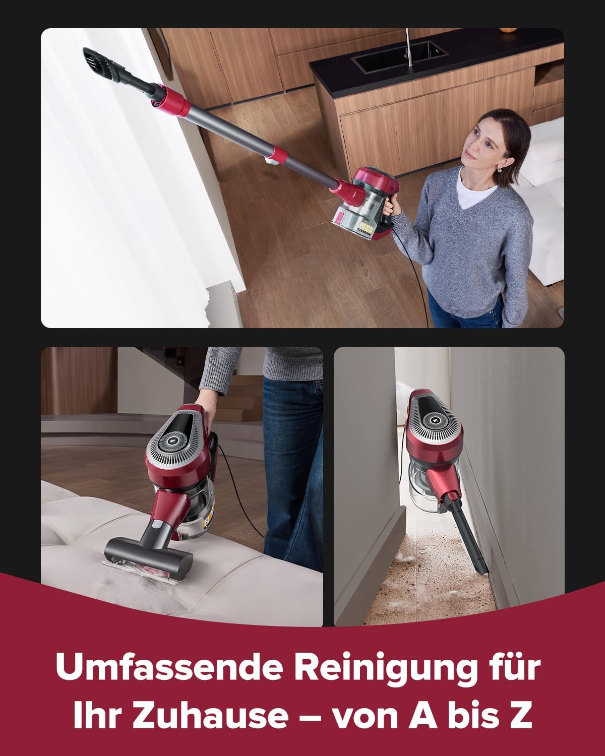 Vexilar C8 6-in-1 Staubsauger, 60KPa Staubsauger mit Kabel, 600W Vacuum Cleaner, 7M Handstaubsauger, Stielstaubsauger mit Kabel mit Bürstenrolle, 1.5L Staubbehälter mit Handgriff für Tierhaare