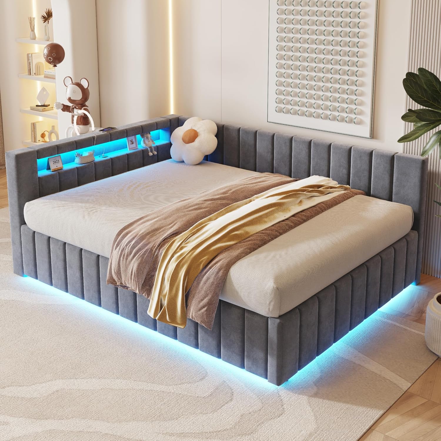 Polsterbett Schlafsofa 140x200, Doppelbett mit Hydraulischem Stauraum, mit LED-Licht und USB-Ladefunktion, Tagesbett Jugendbett mit Lattenrost, Samtstoff, ohne Matratze (Grau)