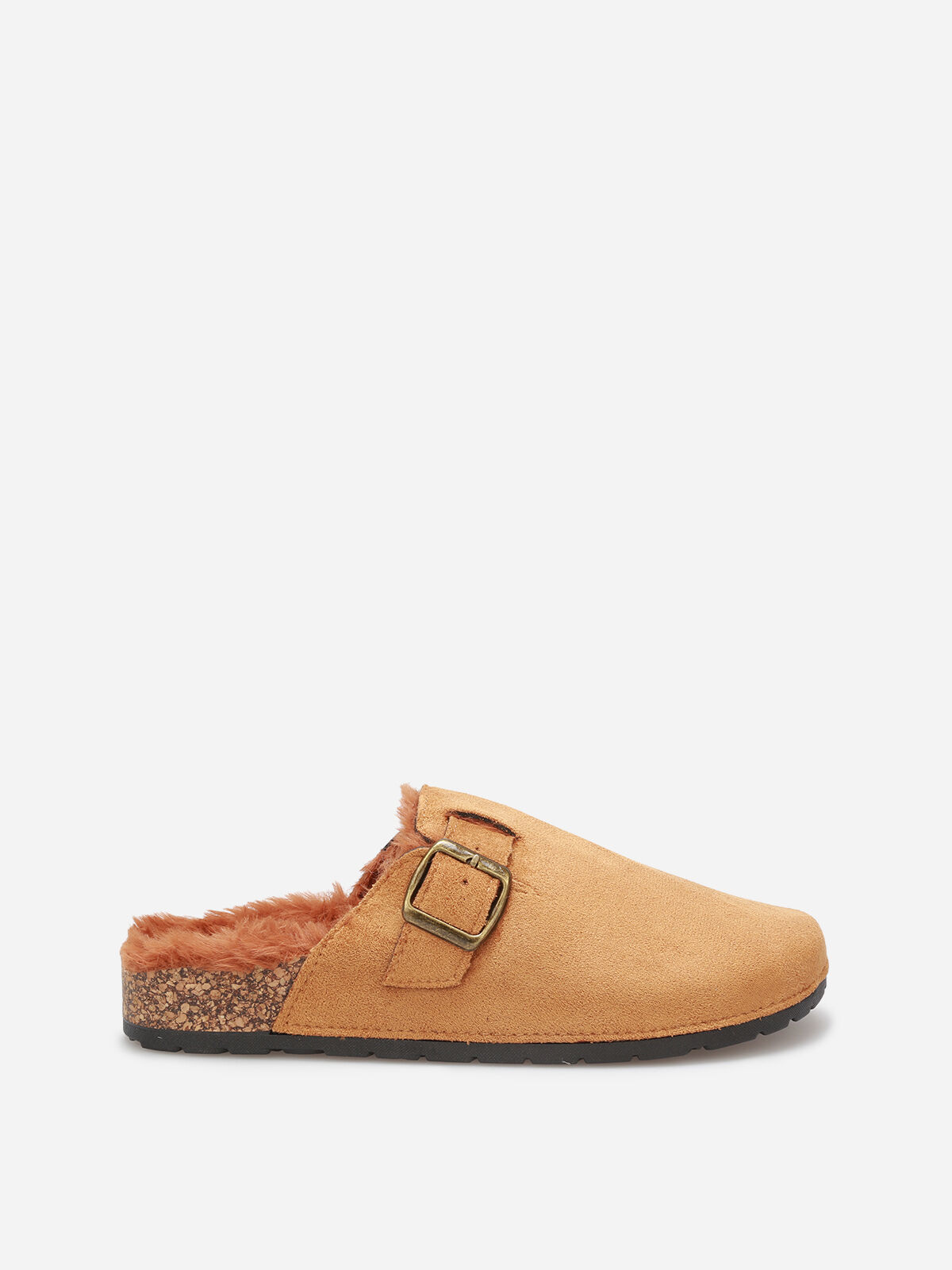 Mules en suédine fourrées à bride- Marron clair