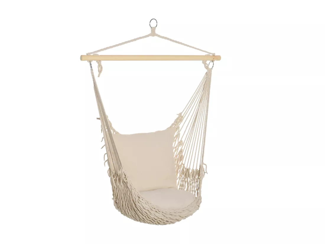 Chaise suspendue - fauteuil suspendu - assise dossier rembourrés - bois macramé tissu beige