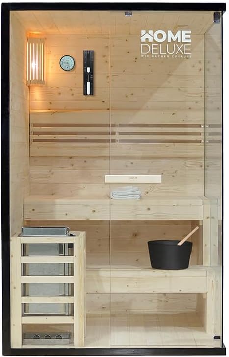 Home Deluxe - Traditionelle Sauna - Shadow M - 120 x 120 x 190 cm - für 2 Personen - hochwertiges Fichtenholz, inkl. Saunaofen, Saunazubehör I Dampfsauna Aufgusssauna Finnische Sauna Bio Sauna