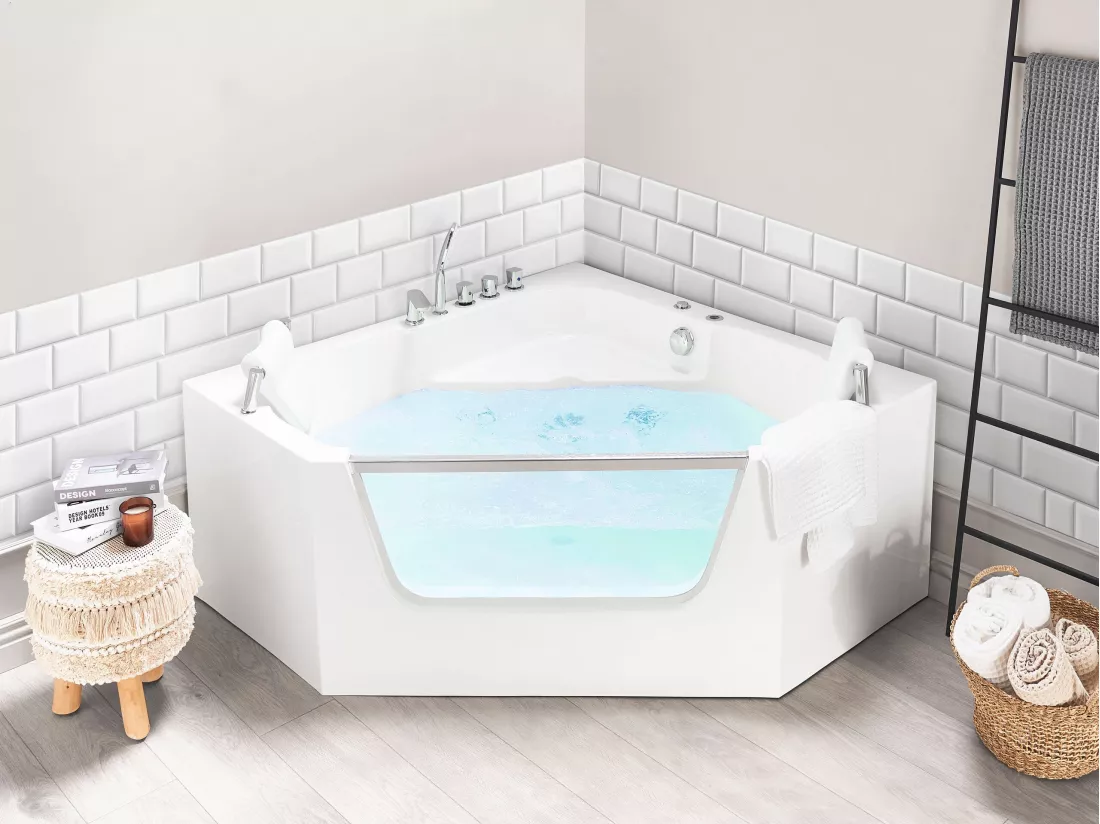 Baignoire balnéo d'angle blanche 150 x 150 cm CANTALLA