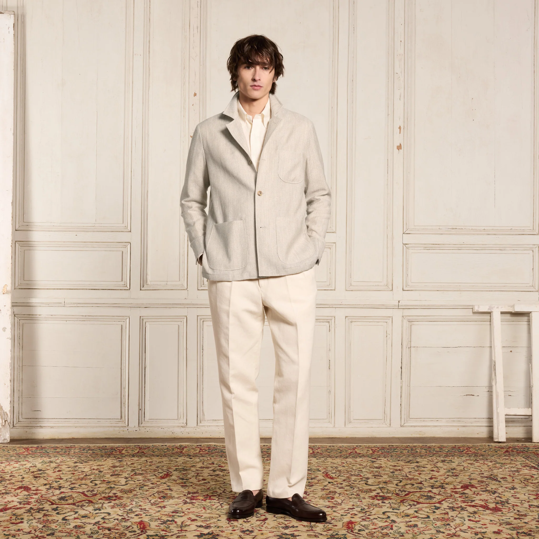 Unstructured suit jacket in mottled beige wool and linen