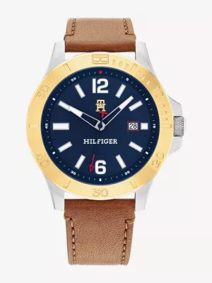 Relógio com mostrador azul-marinho e pulseira de couro marrom