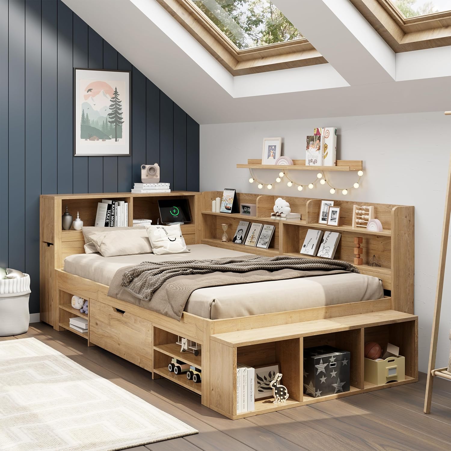 Holzbett Stauraumbett 90 x 200 cm, multifunktionales Tagesbett mit Nachtkästen, Regalen und Stauschränken, Einzelbett für Kinder und Jugendliche, Natur FK0021076