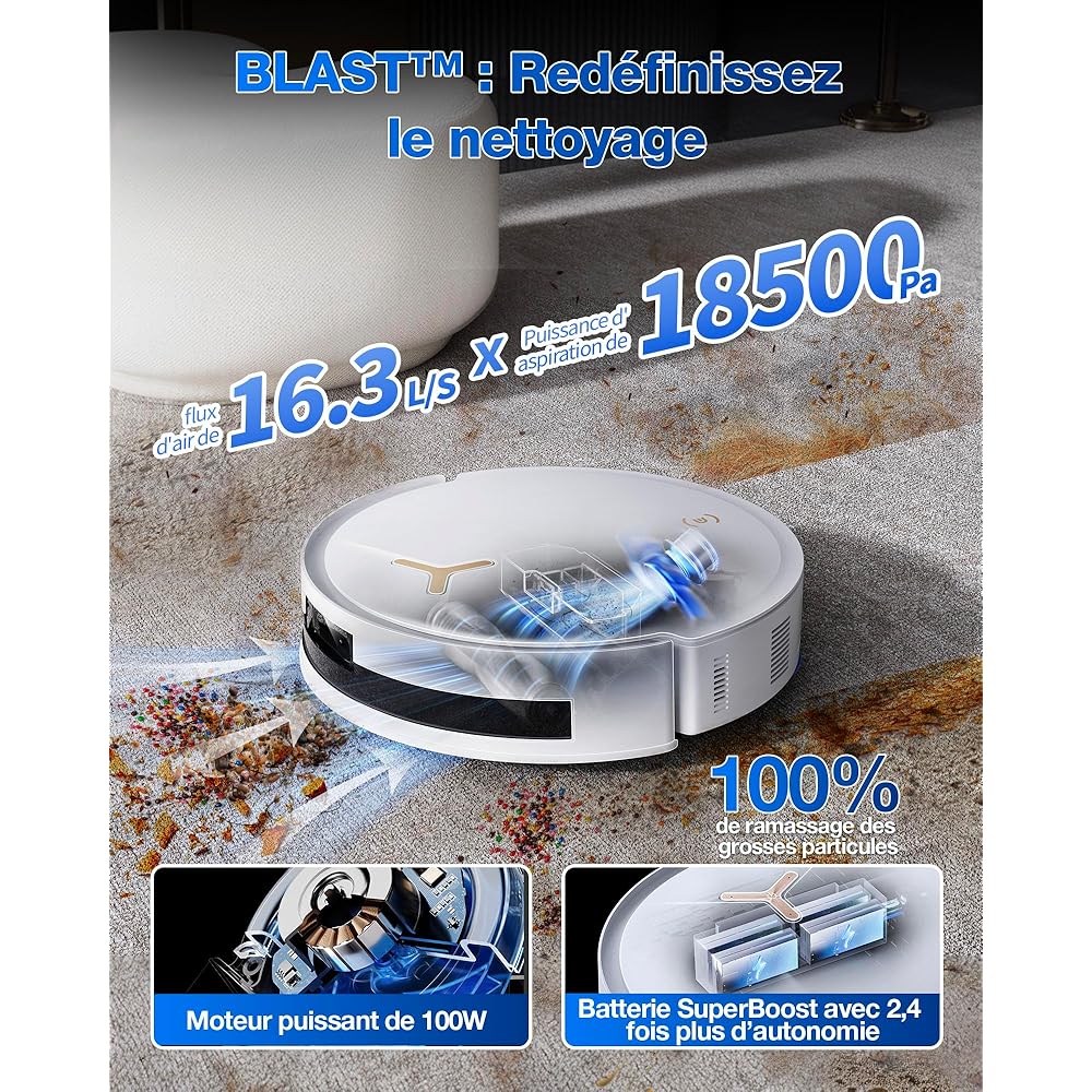 ECOVACS T50 Max Pro Omni Aspirateur Robot avec Station, 18500Pa, Brosse latérale et serpillière Extensibles, Ajout Automatique Solution de Nettoyage, Lavage à l'eau Chaude 40-75 ℃, Blanc : Cuisine et Maison