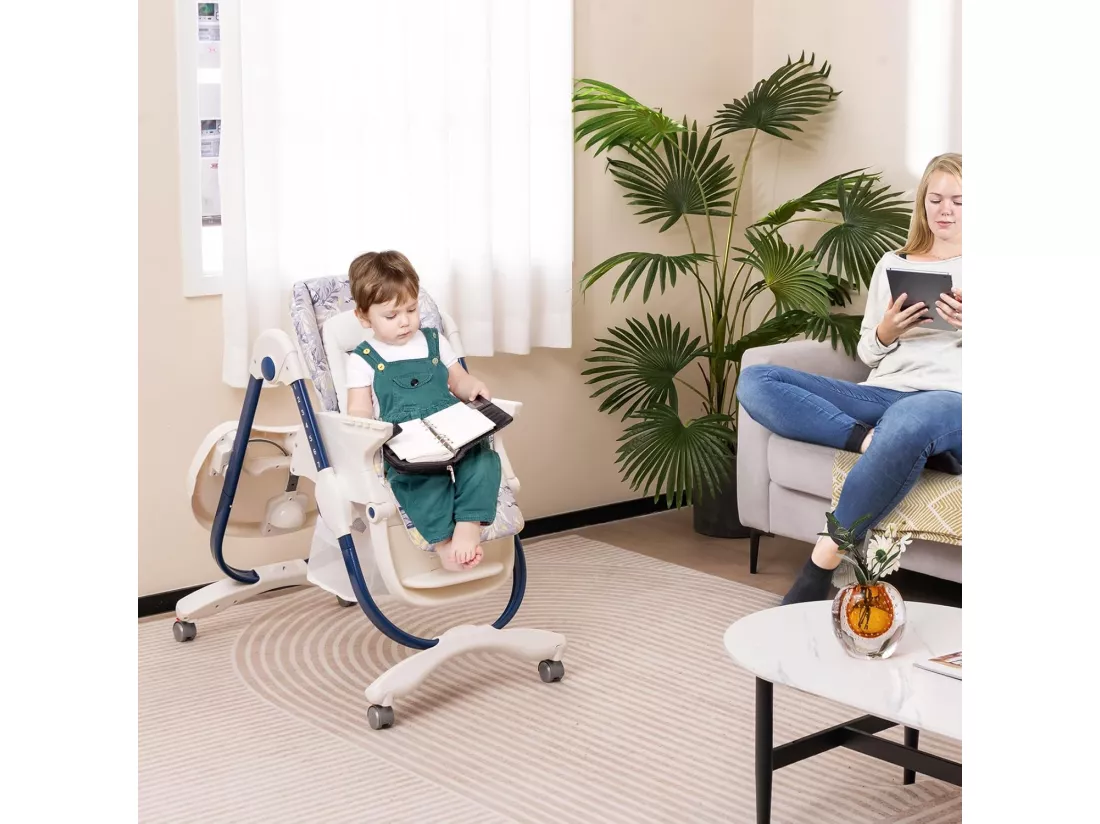 Chaise Haute Bébé Convertible, Chaise Portable pour Tout-Petits avec Double Plateau, Siège Enfant avec Hauteur/Dossier/Repose-Pieds Réglables, Roue Verrouillable, de 6 à 36 Mois (Bleu Marine)