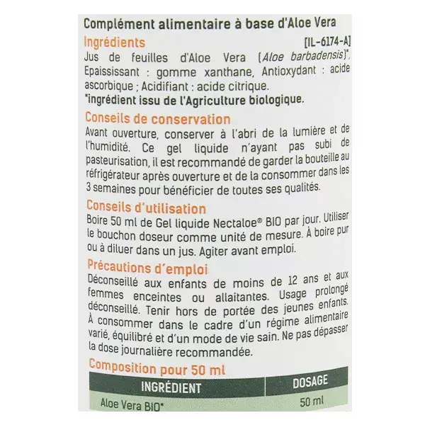 Santé Verte Nectaloe Gel Líquido Aloe Vera Orgânico 1L