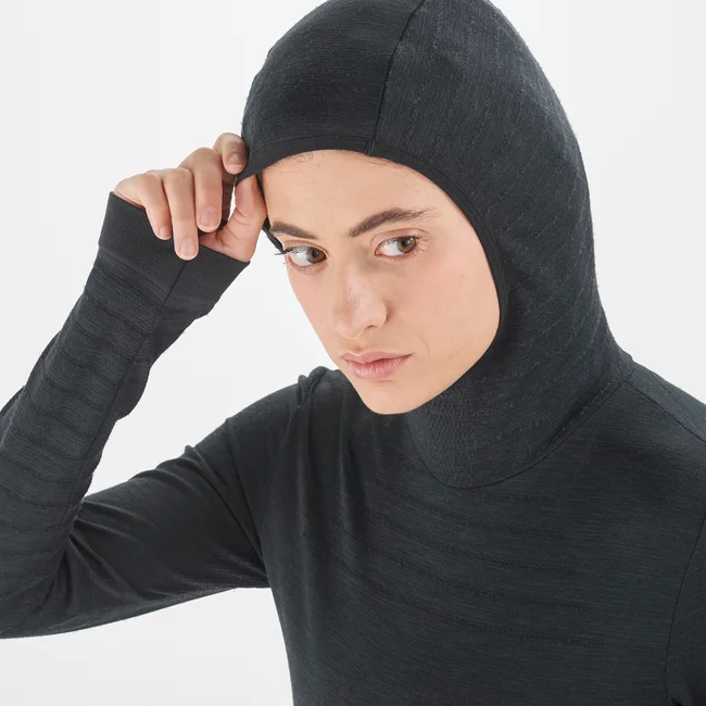 ESSENTIAL WOOL  T-shirt manches longues à capuche pour femme DEEPBLACK