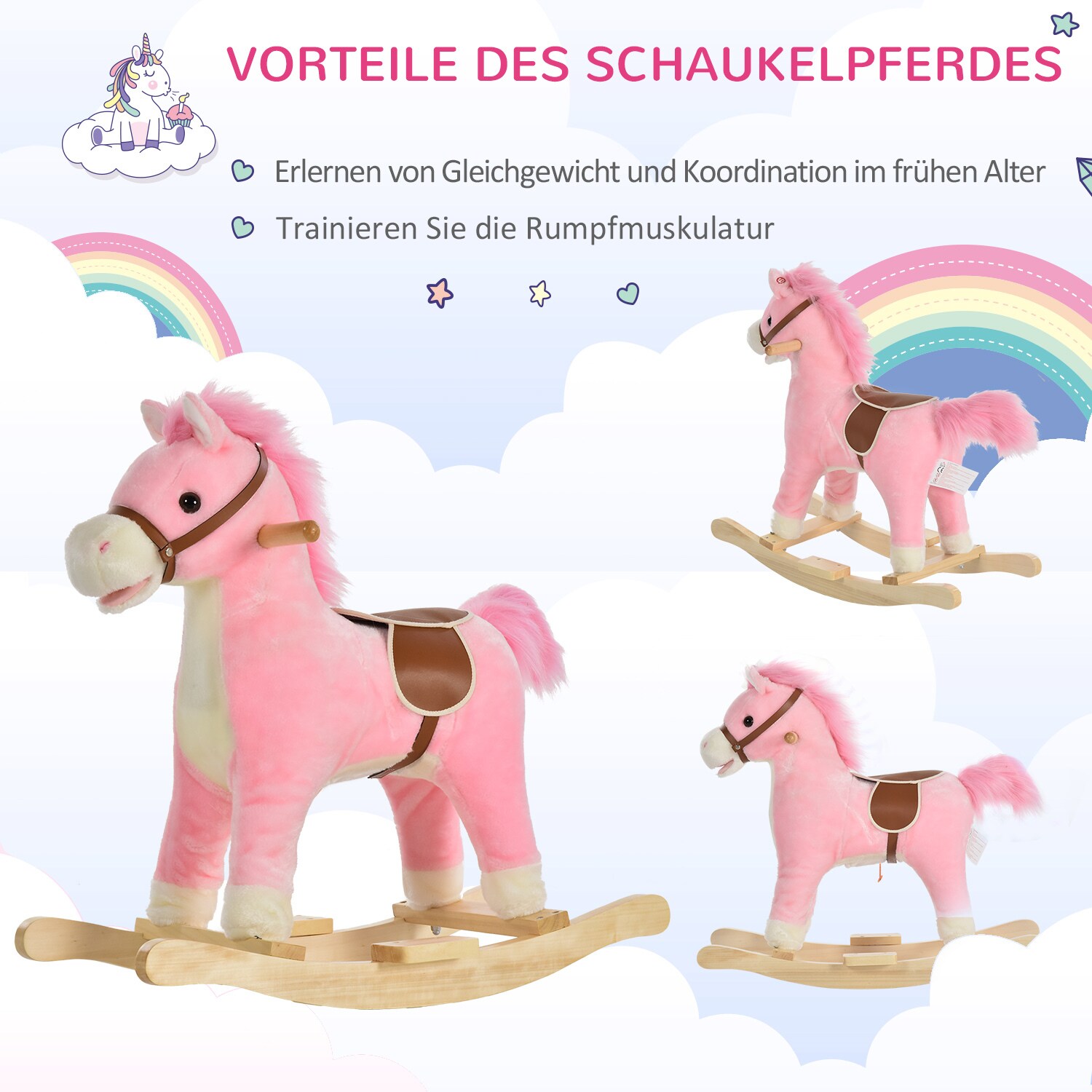 HOMCOM Kinder Schaukelpferd mit Tiergeräusche 65 x 32,5 x 61 cm (LxBxH)