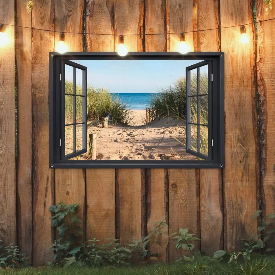 MuchoWow Tuinposter 120x80cm Doorkijk Strand Zee Zand Water