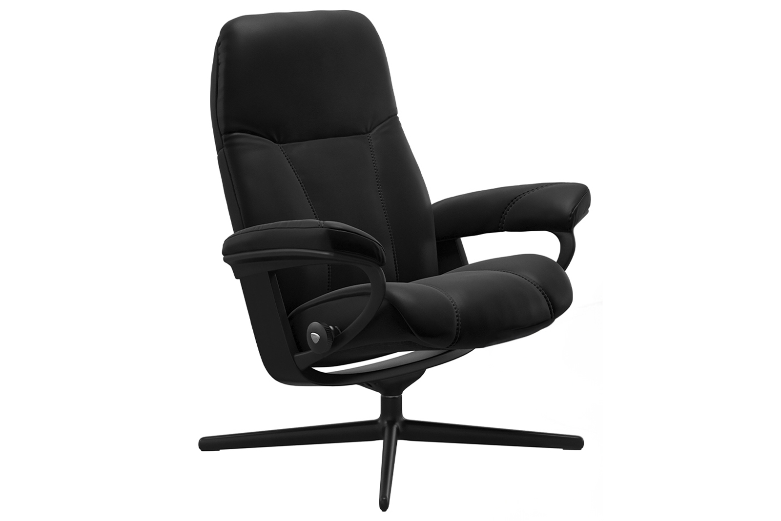 Consul lenestol m/krakk I hud Batick sort med sort cross signatur understell. Medium stol med krakk.