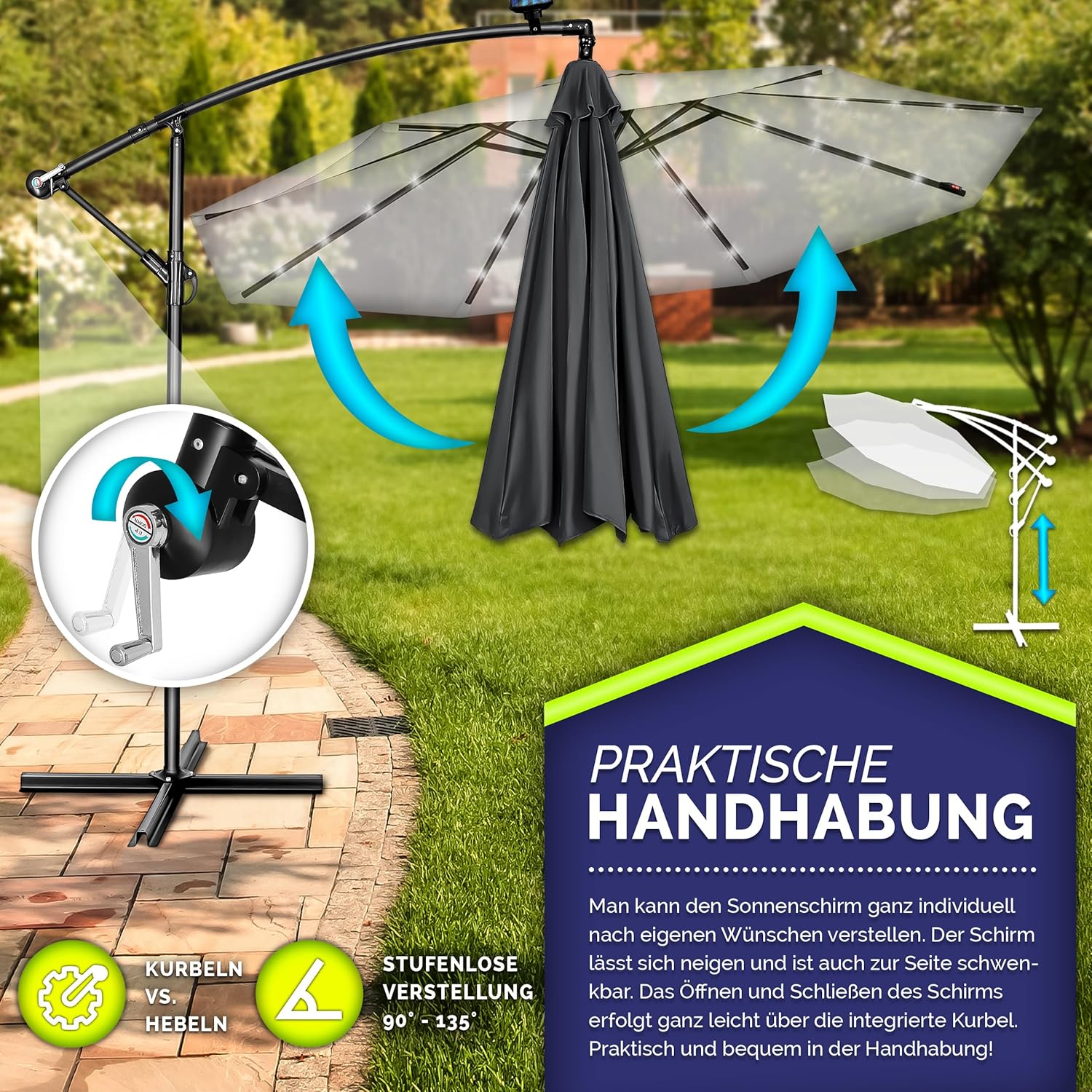 tillvex Alu Ampelschirm + Abdeckung LED Solar Ø 300 cm mit Kurbel, Abdeckung + Ständer | Sonnenschirm mit Windschutz | Gartenschirm UV-Schutz Aluminium | Kurbelschirm Marktschirm wasserdicht