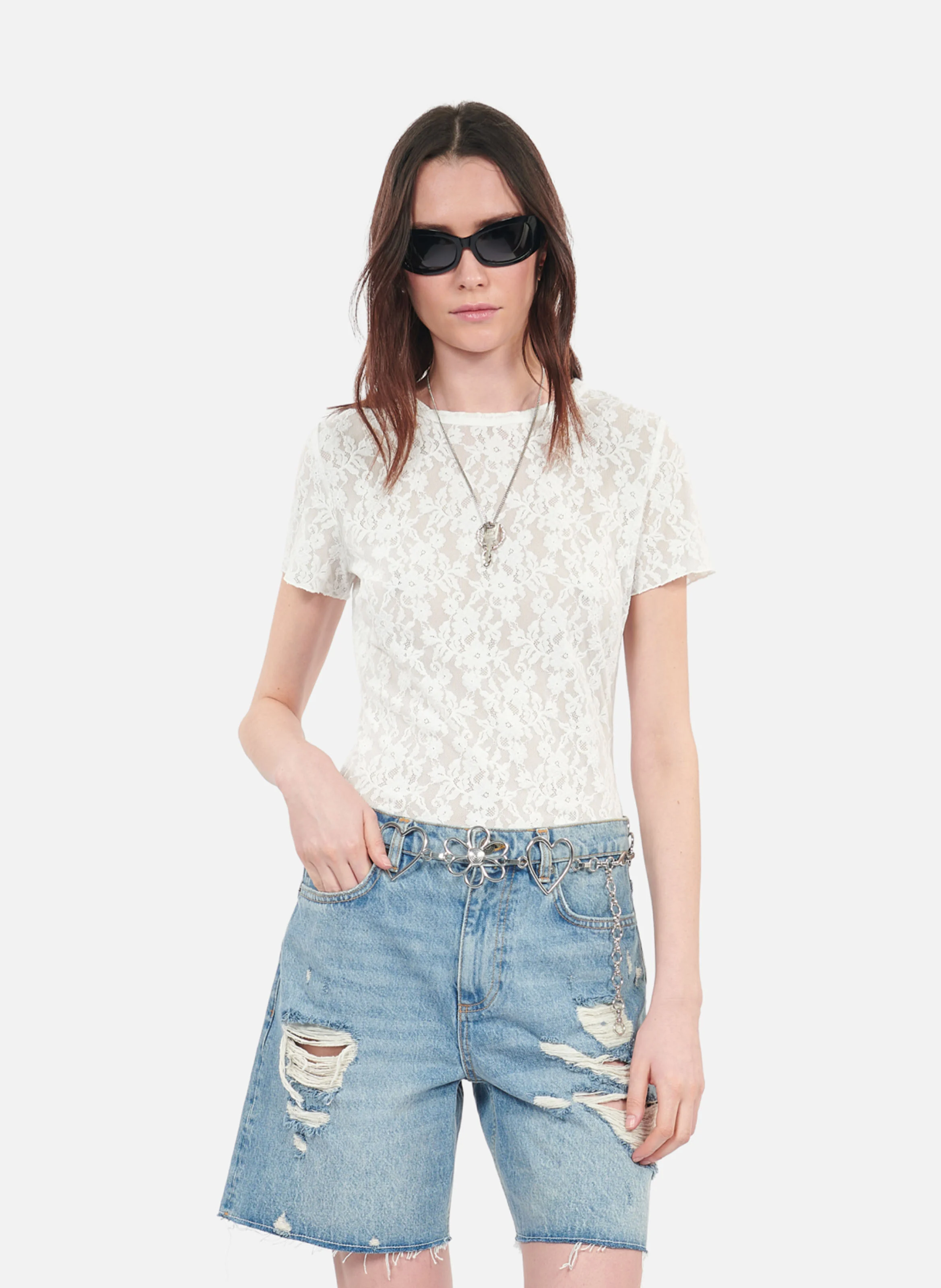 Top col rond ajusté en dentelle | Blanc
