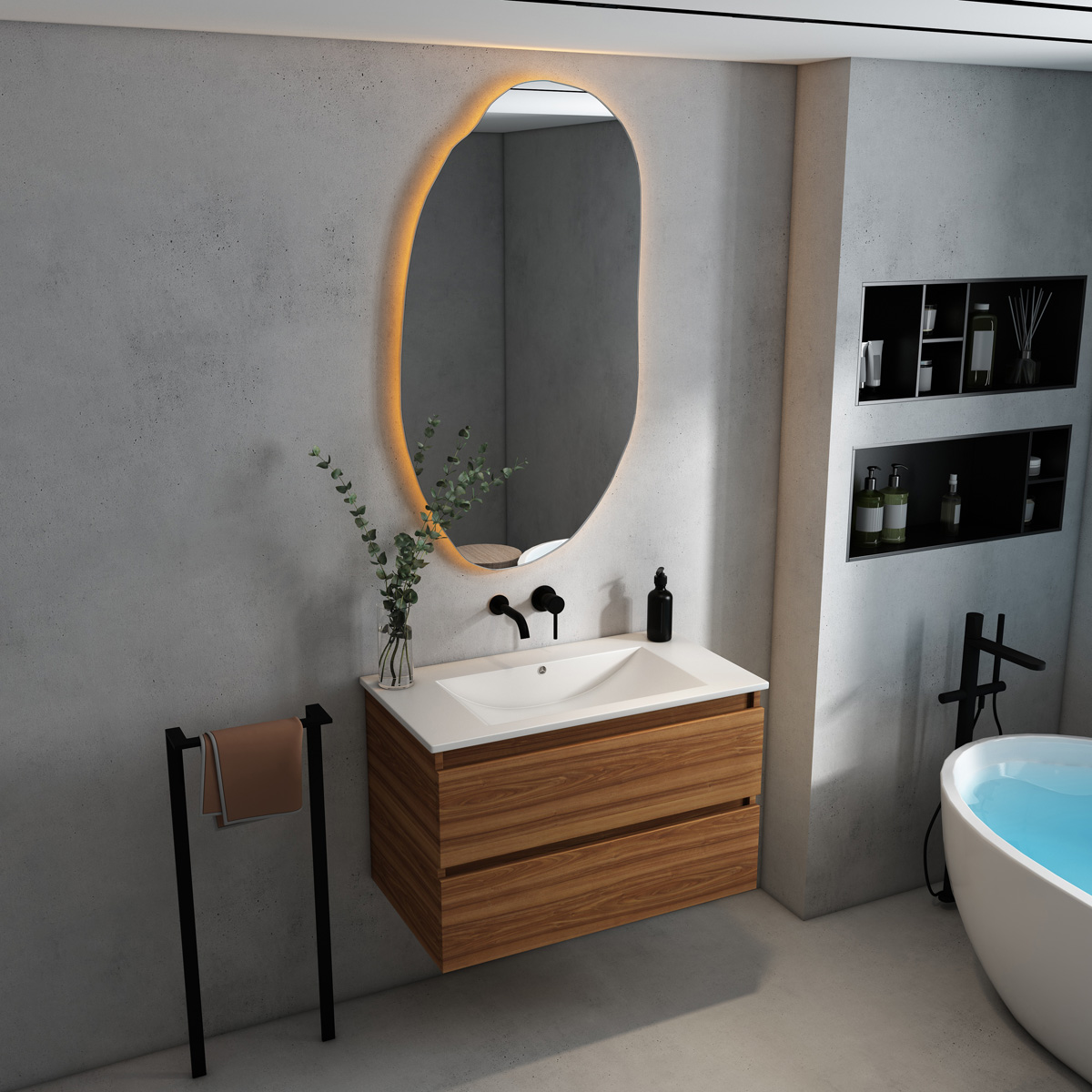 Fontana Rovigo badmeubel 80cm met witte wastafel zonder kraangat walnoot
