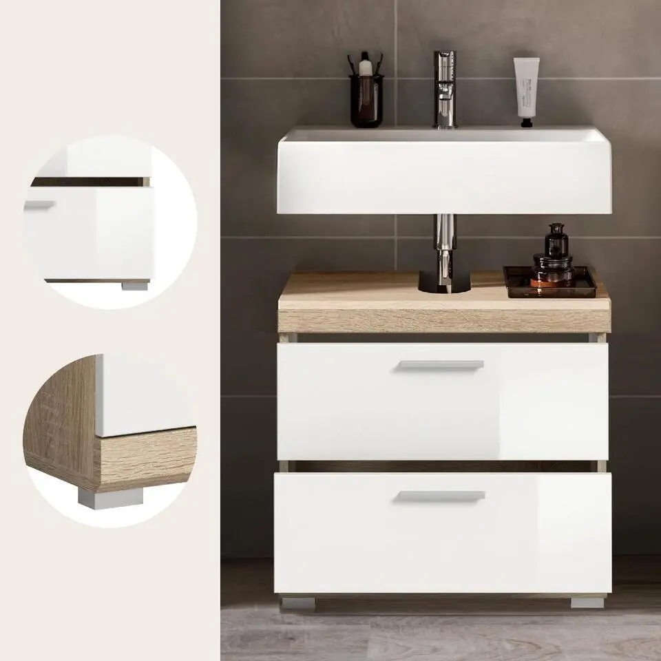 Hioshop Lambada wastafel 2 deuren- 2 lades- 2 planken wit hoogglans- eiken