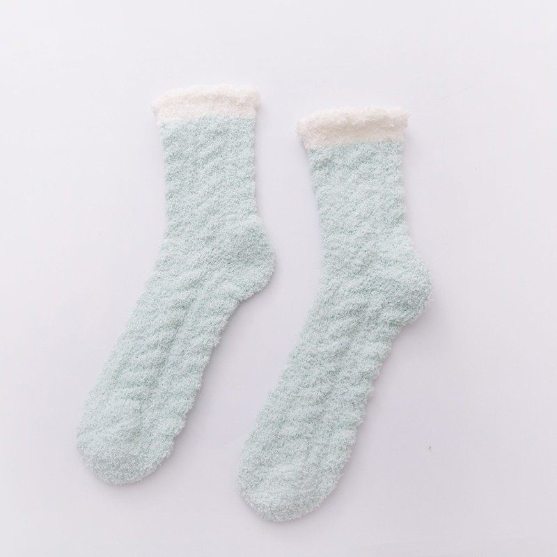 (1 Paar) Damen Kuschel Socken Wintersocken Füsslinge Flauschige Bettsocken (One Size) - Mint / Weiss