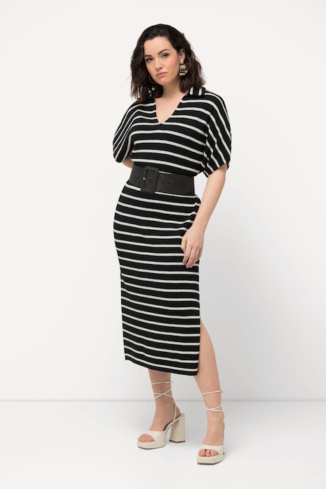 Strick-Midikleid, Ringel, Hemdkragen, Halbarm