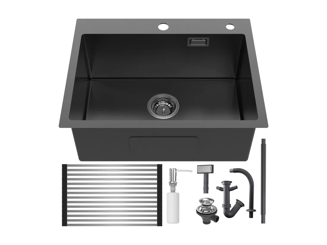Évier Cuisine Noir 58*45*18CM,Lavabo Cuisine 1 Bac avec Égouttoir Enroulable et Distributeur de Savon, Inox, Montage à Encastrer ou à Fleur