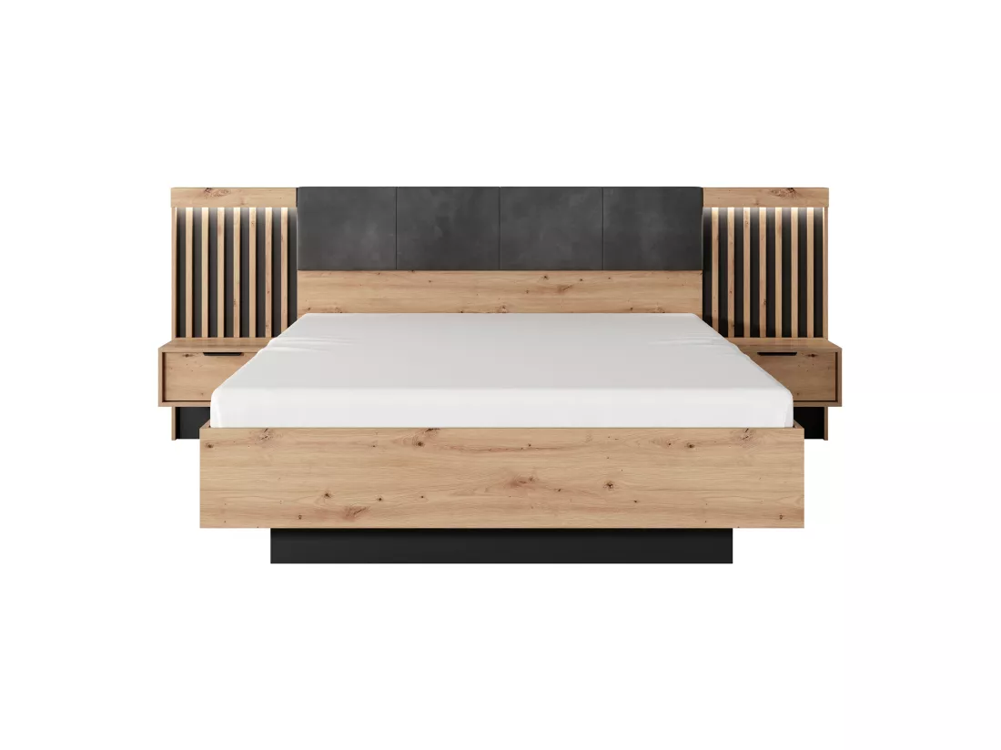 Lit coffre avec chevets 160 x 200 cm - Avec LEDs - Coloris : Naturel et noir - ARIADA