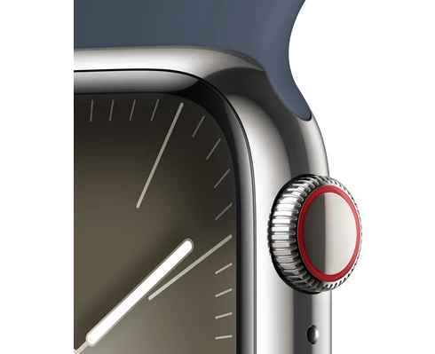 Apple Watch Series 9 GPS   Cellular 45mm Silver Stainless Steel Case with Storm Blue Sport Band - S/M