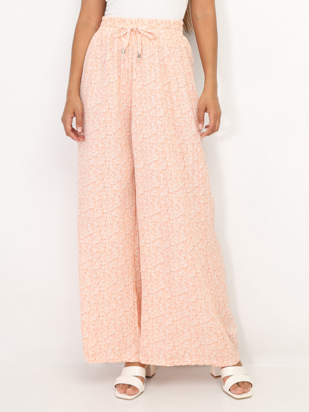 Pantalon plissé à motif floral- Rose