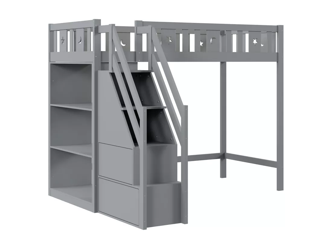 Lit mezzanine 90x200 cm, lit enfant avec avec échelle et étagères de rangement, antichute, structure en bois massif, gris