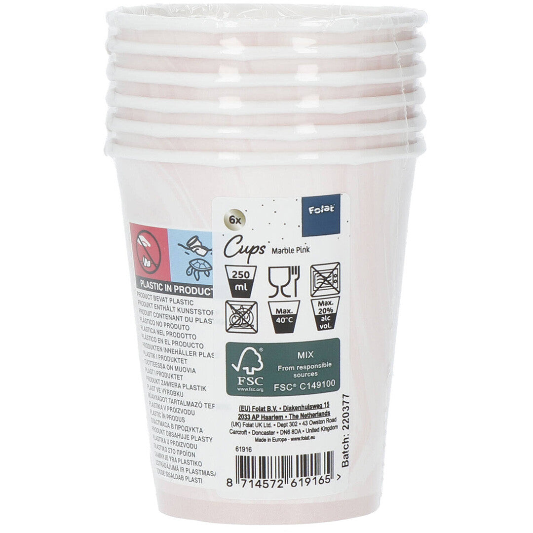 Papieren bekers marmer roze - 6st