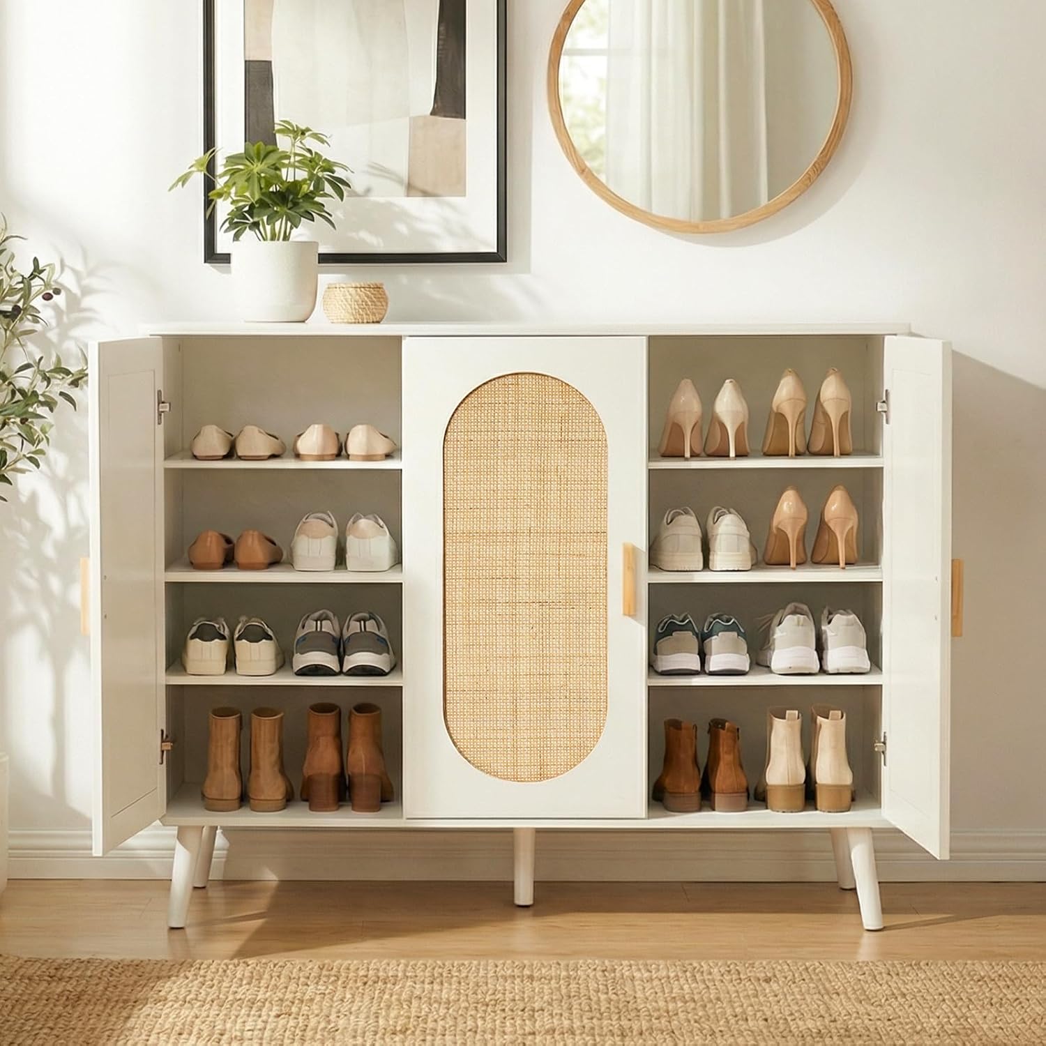 HOKEEPER Schuhschrank aus Holz, Schmaler Doppeltür (87x40x100cm),Shoe Cabinet, Schuhkipper für bis zu 24 Paar Schuhe, Schuhkommode mit Metallbeinen, Weiß & Braun, Flurschrank Schmal