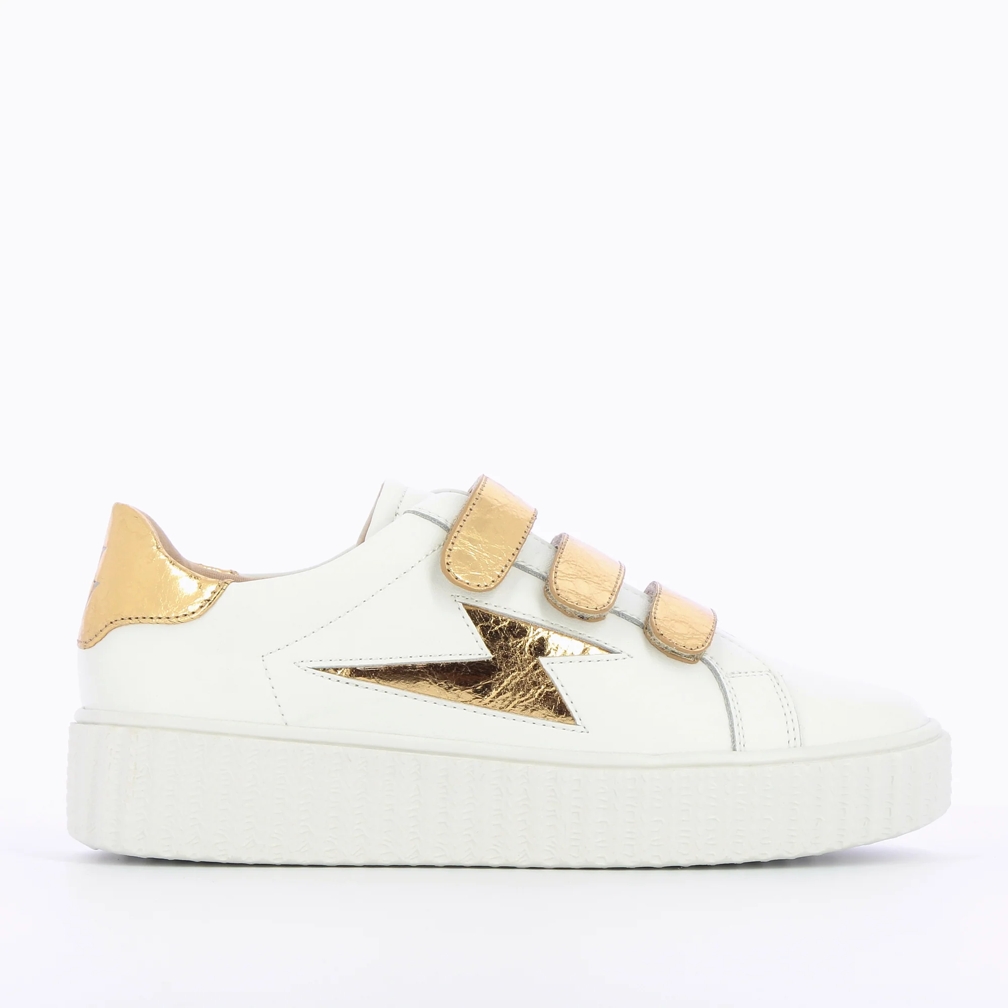 Sneakers-Baskets éclair Jane blanches en cuir à scratchs or