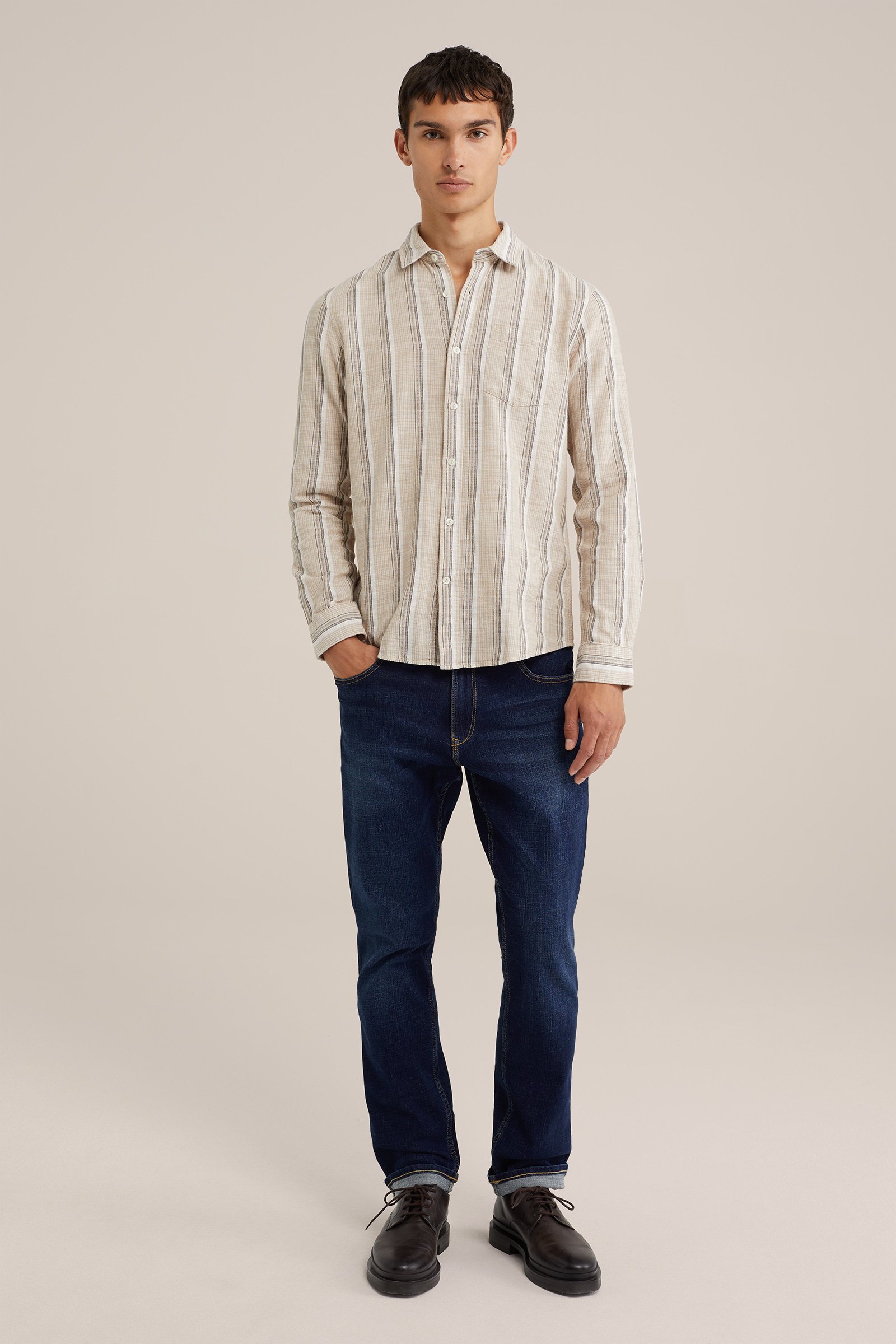 tall fit gestreept overhemd met structuur WE Fashion Beige