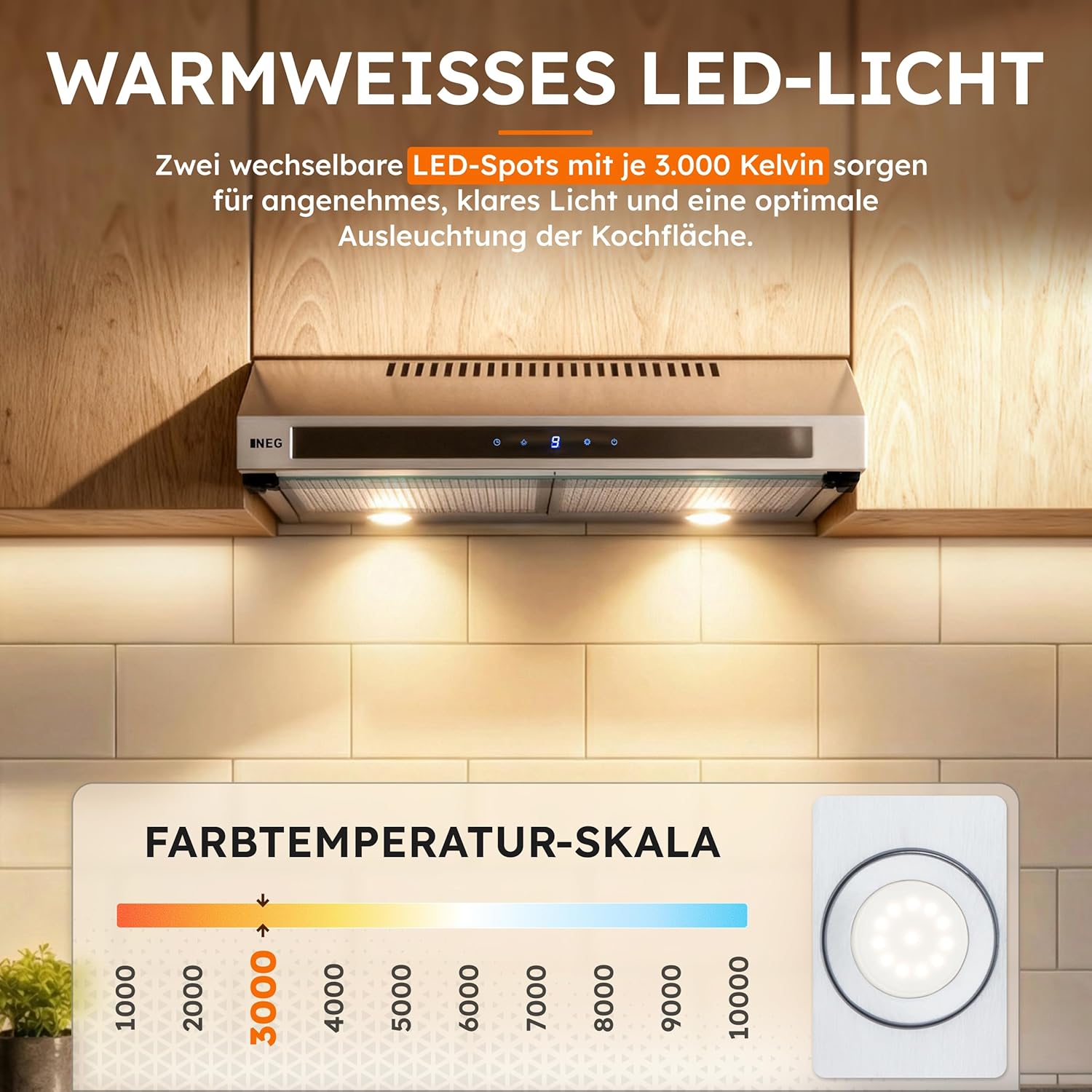 NEG Doppelmotor Design Unterbau-Dunstabzugshaube NEG15-TDLS+ (silber,Edelstahl), Glas-Front mit Sensor Touch, 322 m³/h Luftleistung, Nachlauffunktion, Abluft und Umluftbetrieb