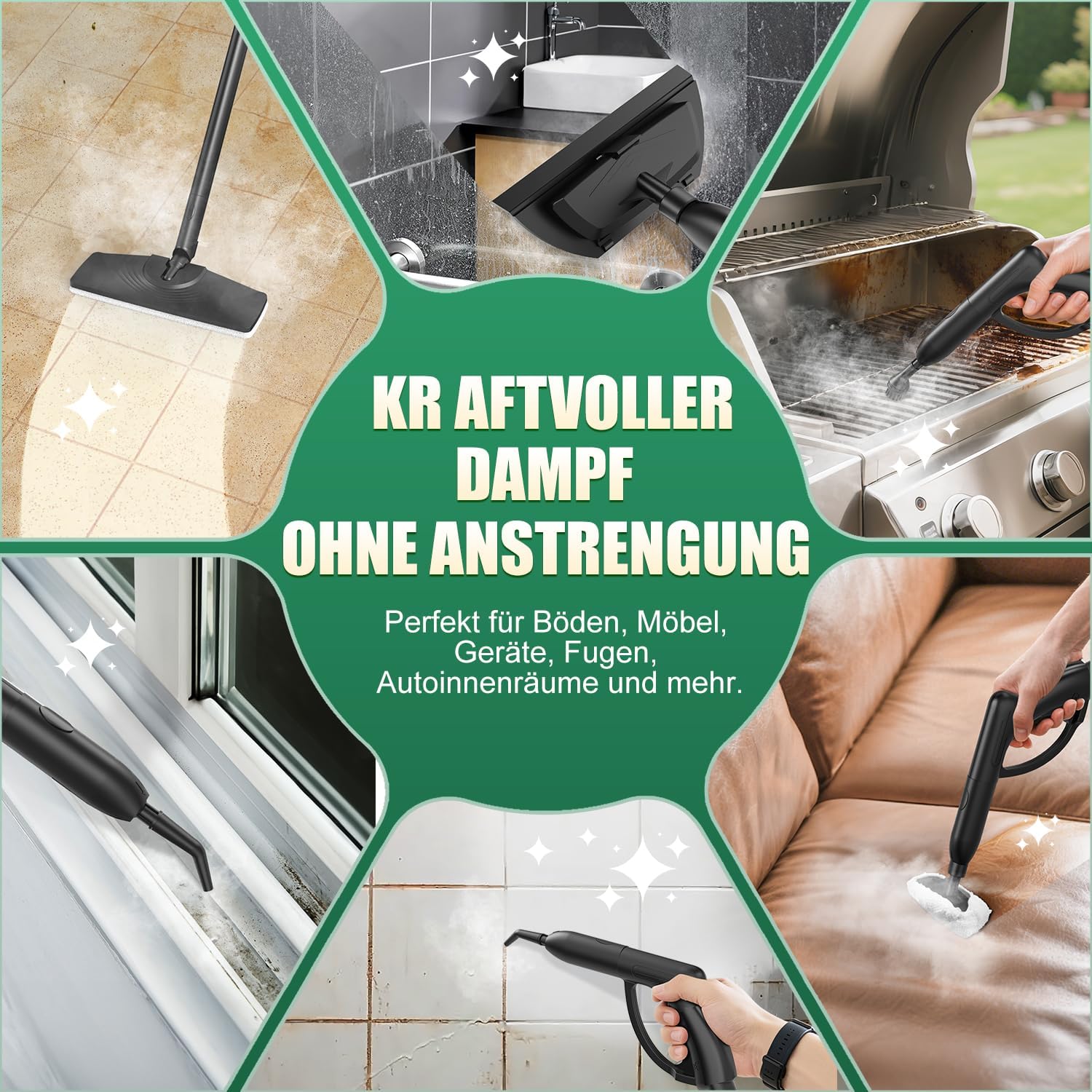 Dampfreiniger, Dampfdruck: 4 Bar, Leistung: 2000 W, Tank: Max 2 L, Nutzungsdauer: 40 Minuten, mit Bodenreinigungsset, Düsen und Rundbürste von Böden, Sofas, Polstermöbel und Autos