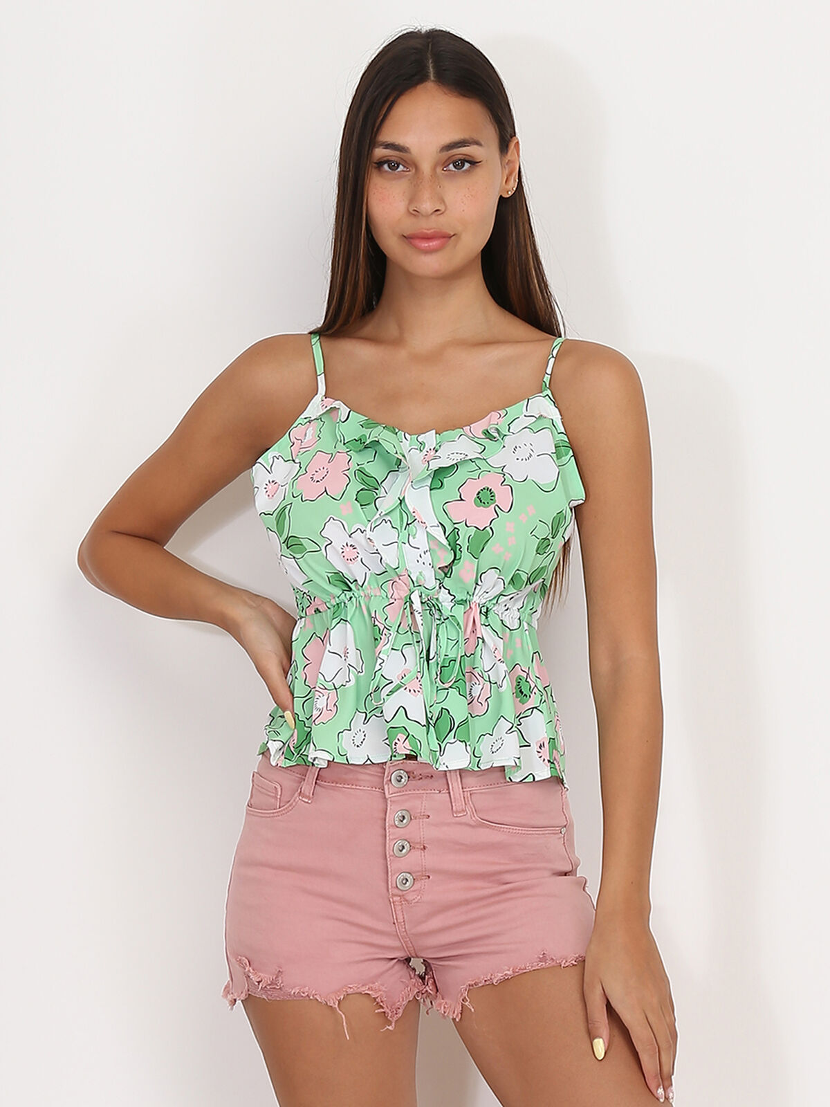 Top léger à volants et motif fleurs- Vert