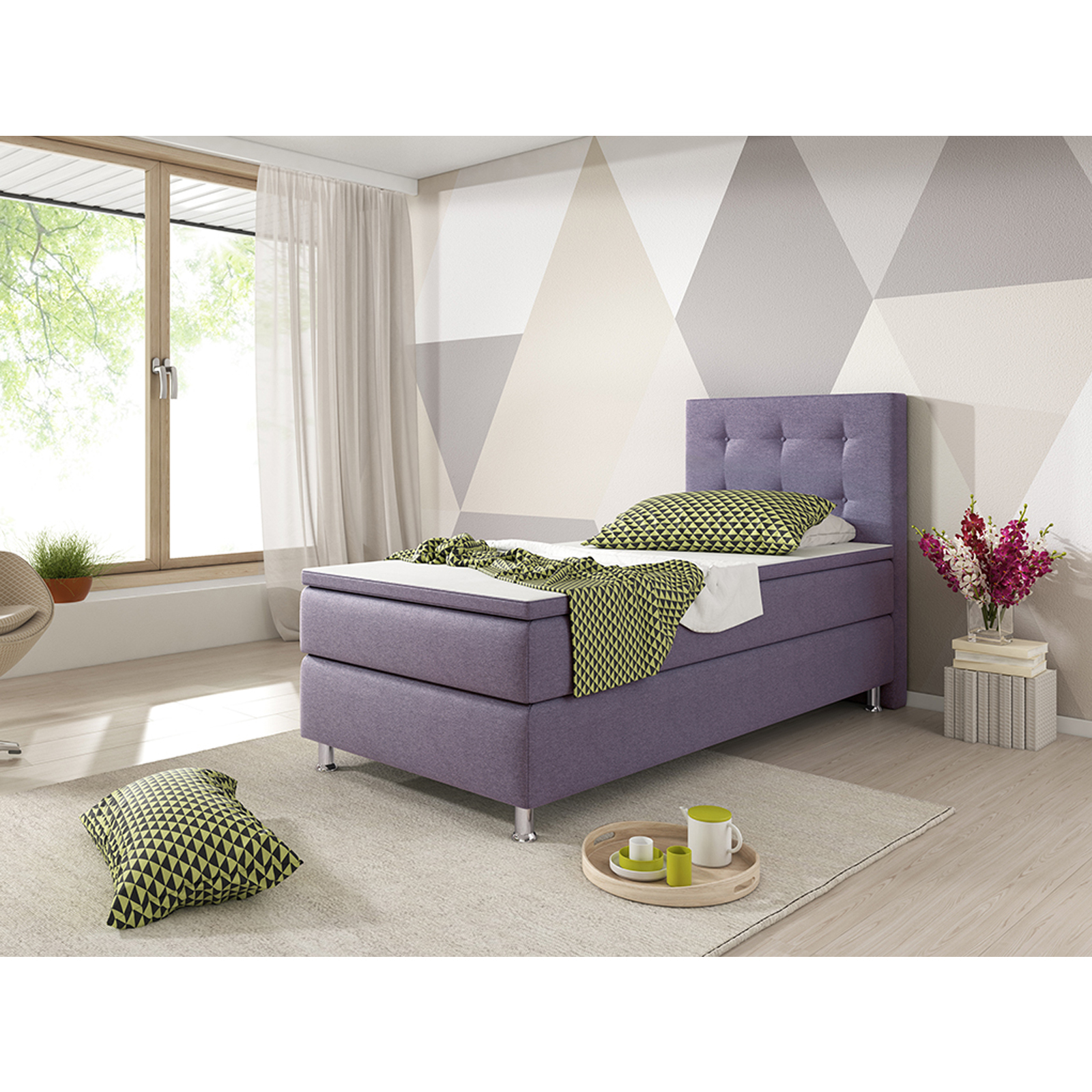 Boxspringbett - lila - mit Topper - H3 - 90x200 cm