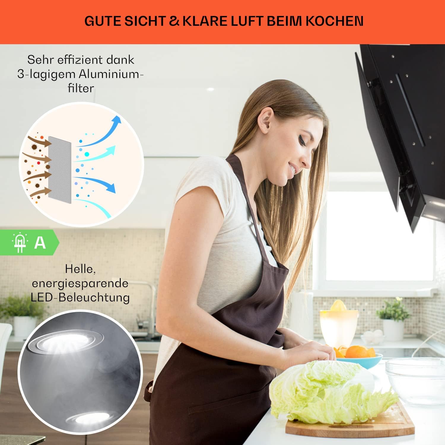 Klarstein Dunstabzugshaube 60cm, Abluft/Umluft-Dunstabzugshaube mit RGB-LEDs, Leistungsstarke Abzugshaube, 594 m³/h Luftstrom, Schräghaube mit Energieeffizienzklasse A, Dunstabzug 60 cm