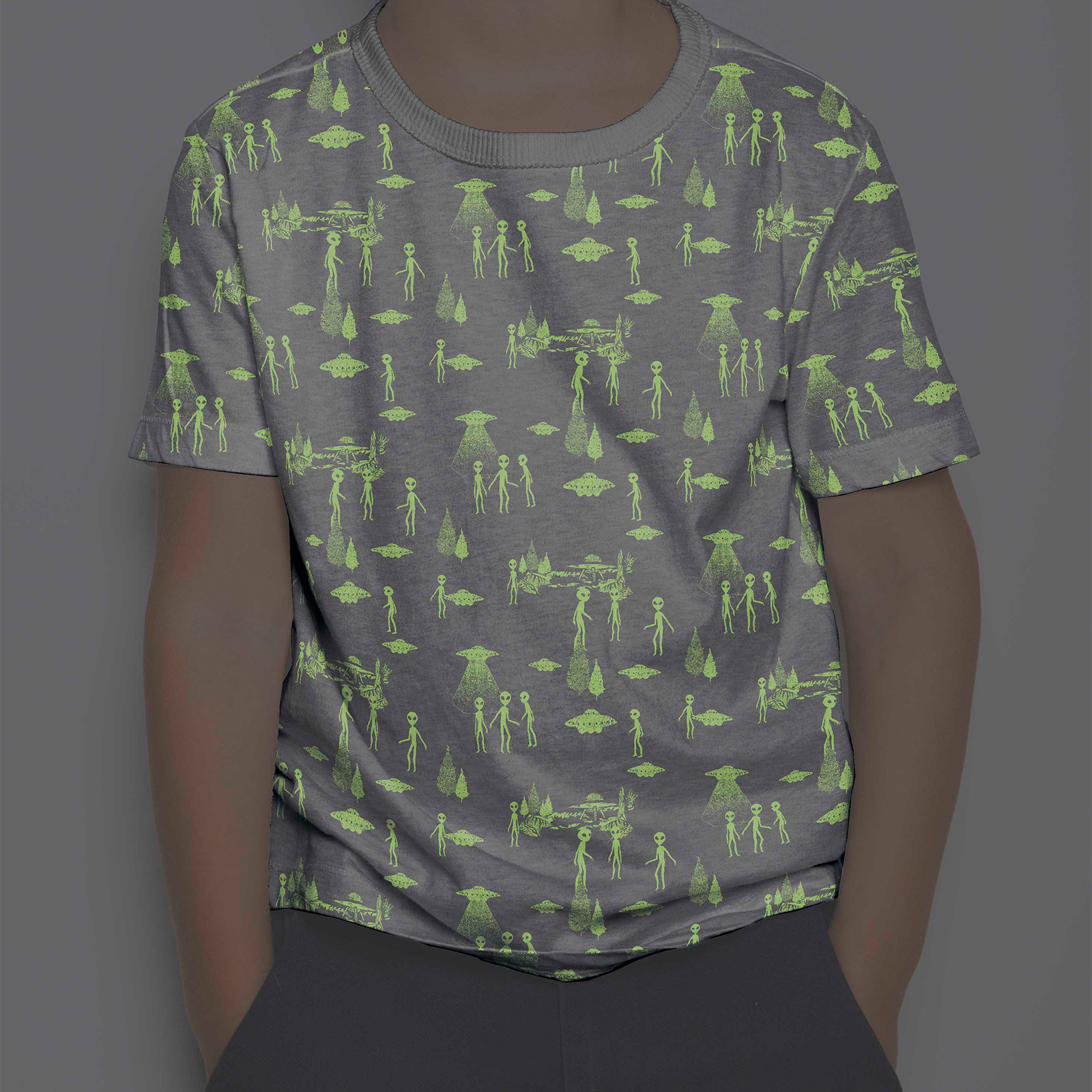 Jersey - grau-grün - leuchtende Aliens -155 cm breit