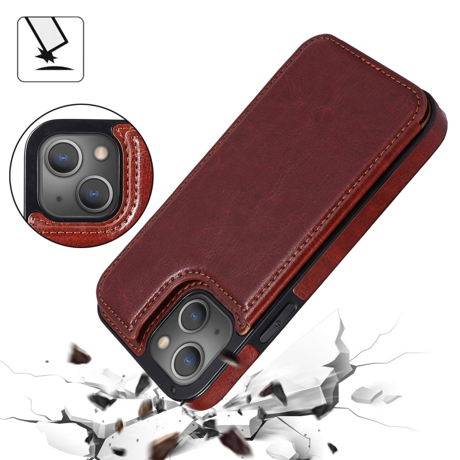 iPhone 14 Hybrid Leder Hülle mit Kartenfach   Kickstand Aufsteller - Braun
