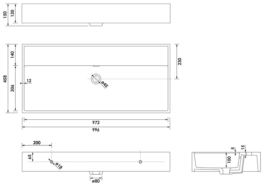 Brauer Gravity enkele wastafel mineraalmarmer 100cm zonder kraangat wit glans