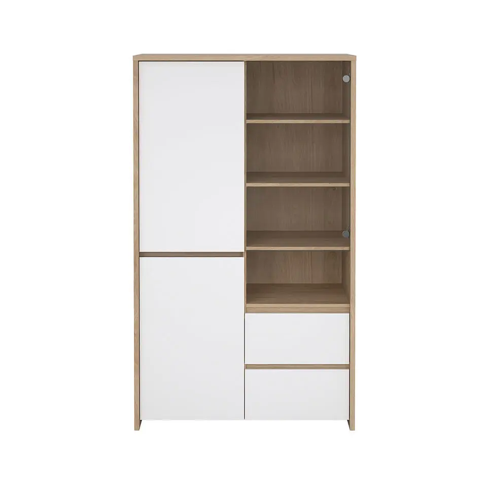 Hioshop Next vitrinekast 3 deuren- 2 lades- 1 plank eiken decor- wit hoogglans