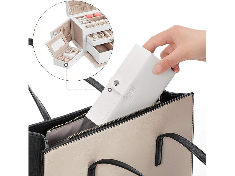 Songmics Schmuckschatulle mit 3 Ebenen, Weiss, Kunstleder Schmuckbox abschliessbar