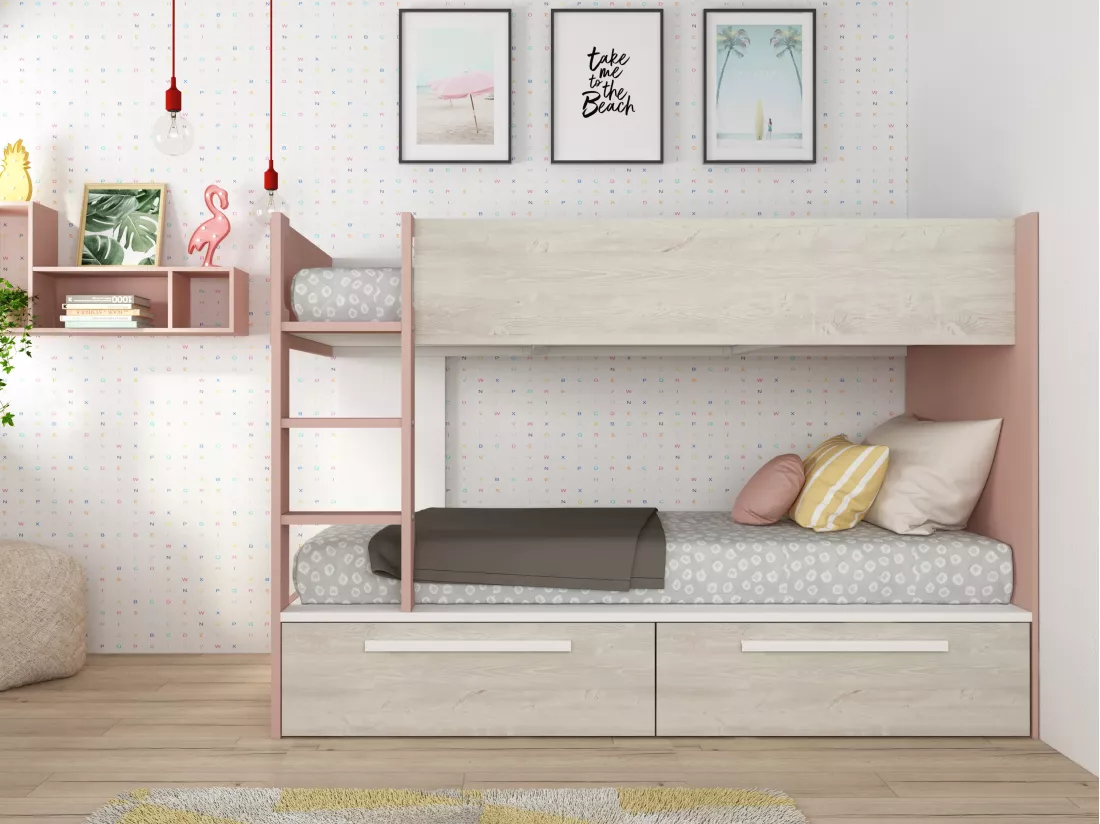 Lits superposés 2 x 90 x 200 cm - 2 tiroirs - Rose, naturel et blanc - TINOLI