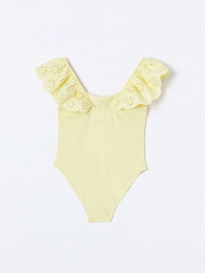 Body com babados e bordado suíço - Amarelo Claro
