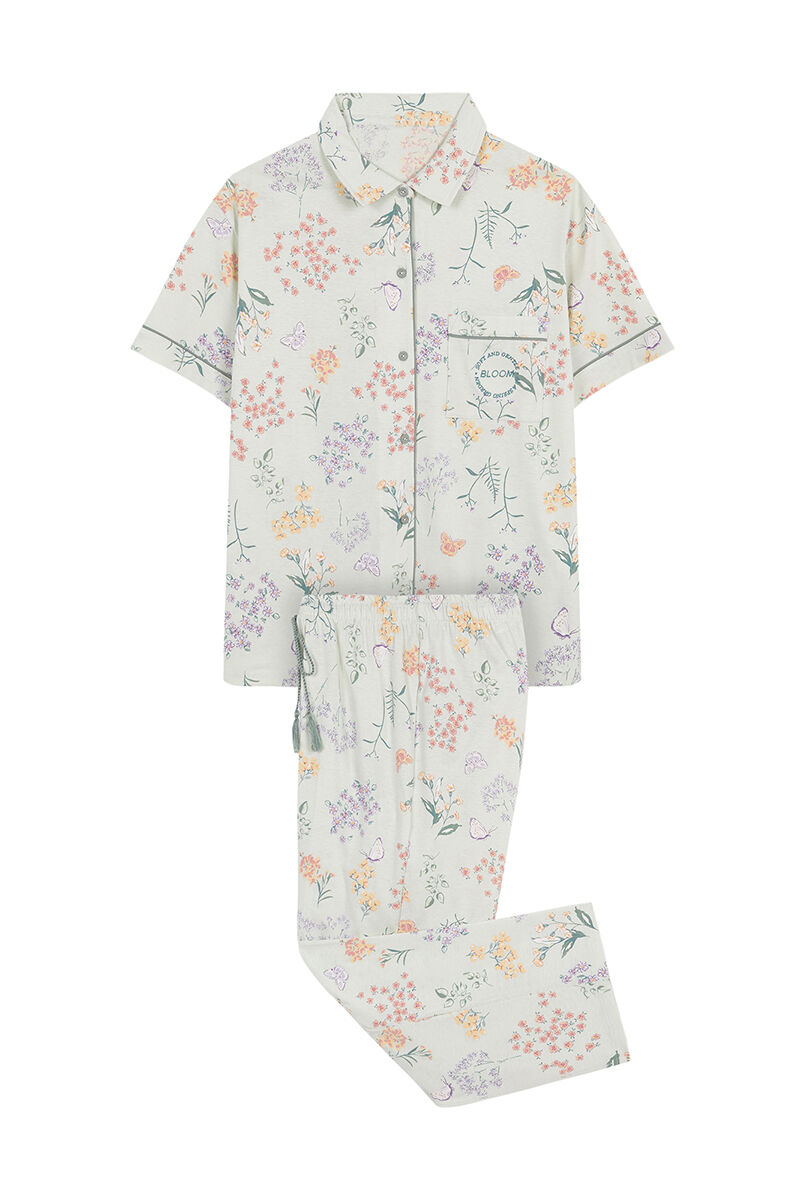 Pijama estilo camisa 100% algodão com estampa floral verde
