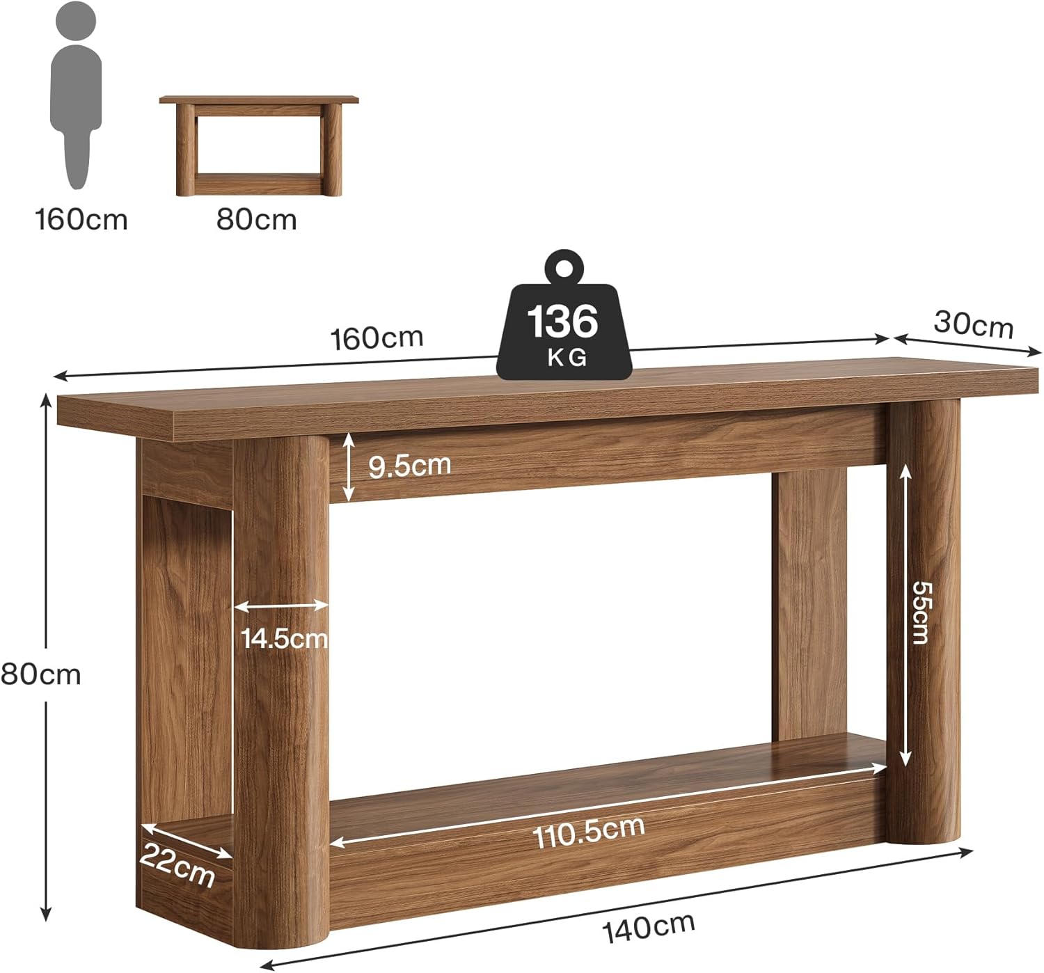 Tribesigns 160 cm Konsolentisch, Schmaler Flurtisch, Langer Sofatisch hinter dem Sofa, 2-stufiges Eingangstisch, Beistelltisch für Flur, Eingang, Wohnzimmer, Rustikales Braun
